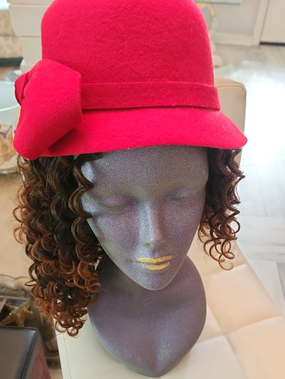 Women's Red Felt Cloche Hat with Side Bow